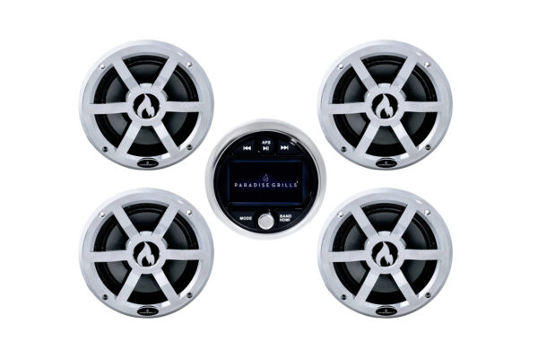 Marine Stereo with speakers arranged around a central control unit displaying "paradise grills" on the screen, all with white and gray design on a simple background.
