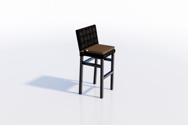 A solitary black Tatta bar stool with woven backrests and Santorini brown cushion on a reflective white surface.