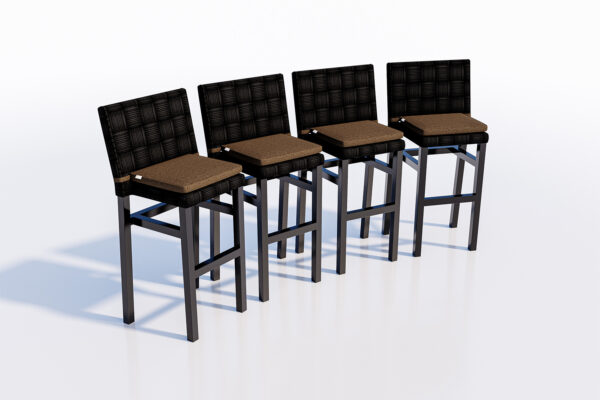 Four modern black Tatta bar stools with woven backrests and Santorini brown cushions, aligned in a row on a reflective white surface.