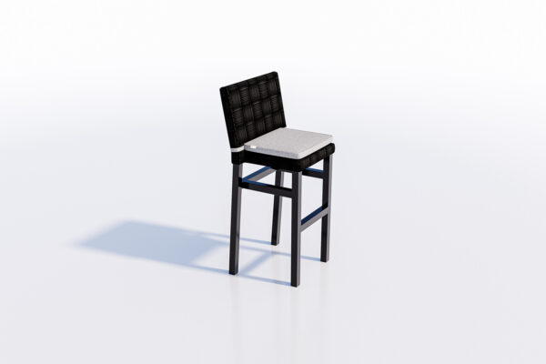 A solitary black Tatta bar stool with woven backrests and Santorini white cushion on a reflective white surface. 