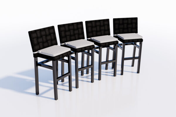 Four modern black Tatta bar stools with woven backrests and Santorini white cushions, aligned in a row on a reflective white surface.
