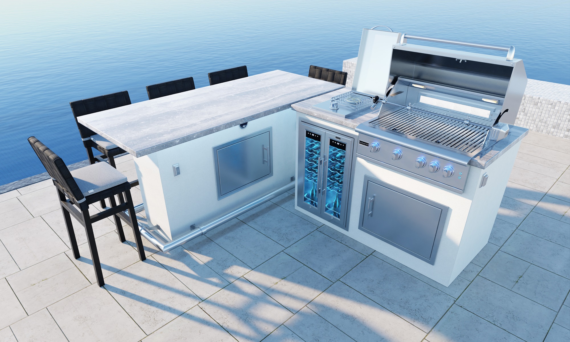 An image depicting the ST Thomas 7 and GX 5 Outdoor Kitchen island featuring a GSL-32 Professional Grill, accompanied by accessories and stools.