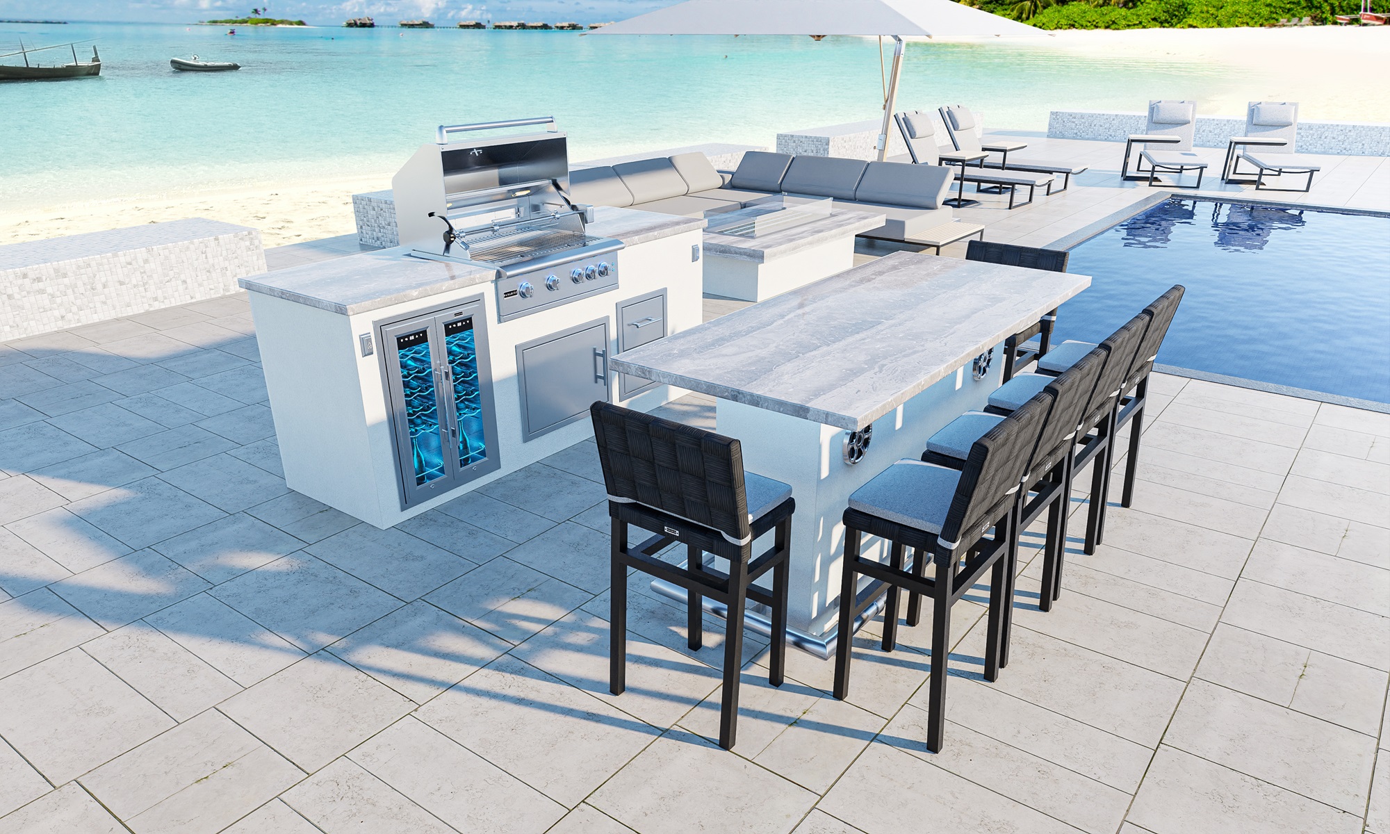 An image depicting the ST Thomas 7 and GX 8 Outdoor Kitchen featuring a GSL-32 Professional Grill, accompanied by accessories including a wine cooler, and stools.