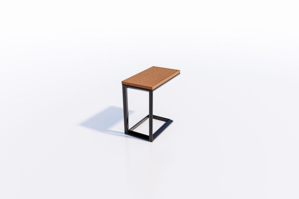 A minimalist wooden-top patio coffee table with a sleek black metal frame on a plain white background, casting a soft shadow.