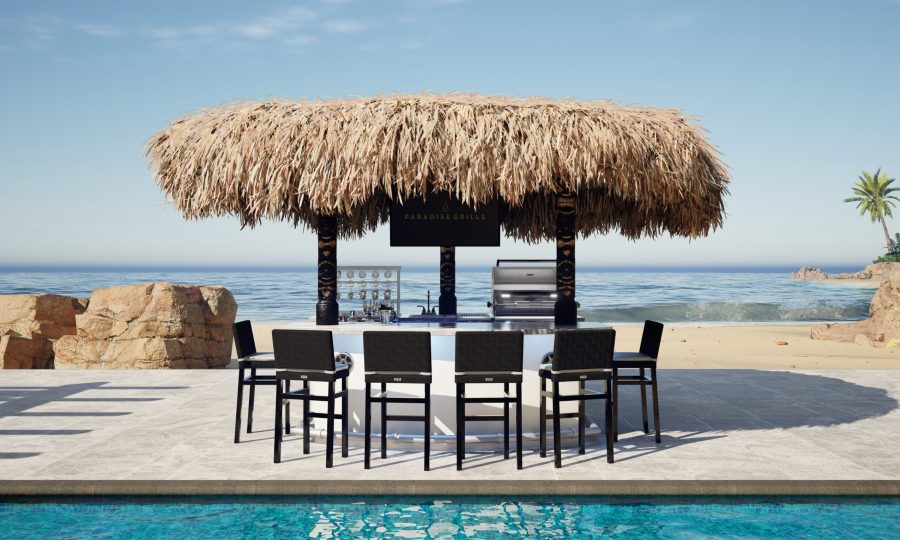 An image featuring the Tahiti outdoor kitchen from the Shades Of Paradise Collection, with GSL-32 Professional Grill, CSL – 32 Cocktail Station and stools, sink, and stools