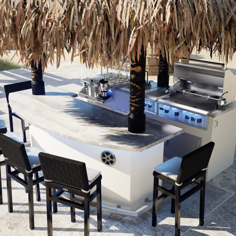 An image featuring the Tahiti outdoor kitchen from the Shades Of Paradise Collection, with GSL-32 Professional Grill, CSL – 32 Cocktail Station and stools
