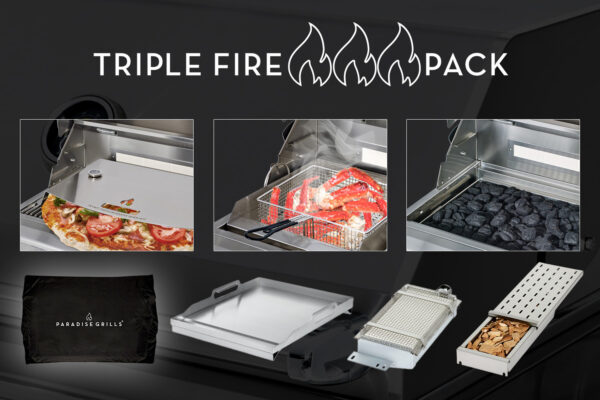 Sentence with product name: Promotional image displaying a "TRIPLE FIRE PACK - Professional Pizza, Fryer/Steamer, Charcoal, Griddle, Smoker, Sear Conversions, Grill Cover" from paradise grills.