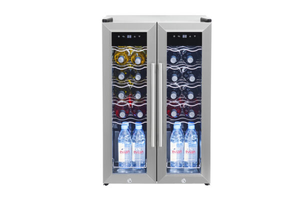 A Wine Fridge with glass doors, displaying various bottles of wine and bottled water on the bottom shelf, set against a white background.