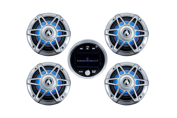 Five round outdoor speakers featuring blue lighting around a central control panel labeled "Paradise Grills," with buttons for radio, volume, and mode settings from the Marine Stereo w/Speakers.