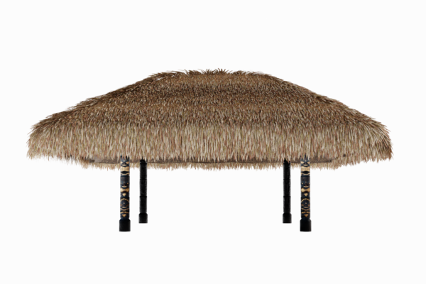 A traditional thatched Abaco Tiki Hut – 16′ X 18′ with wooden supports featuring ornate tribal patterns, set against a white background.