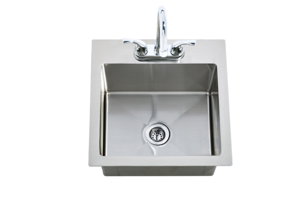 A stainless steel sink with a shiny faucet, viewed from above against a white background. the sink has a square basin with a visible drain.