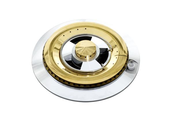 A shiny gold and silver Burner, isolated on a white background, showing intricate details of the burner rings..