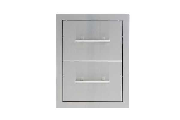 A vertical image of a modern, Double Drawer, each featuring a sleek, horizontal handle, isolated against a white background.