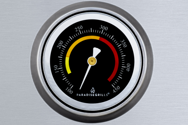 Close-up of the ESL – 24 Electric Grill temperature gauge against a stainless steel background,