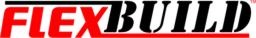 Logo with the word “FLEXBUILD”; “FLEX” is in bold red uppercase letters and “BUILD” is in bold black uppercase letters with a stylized font.
