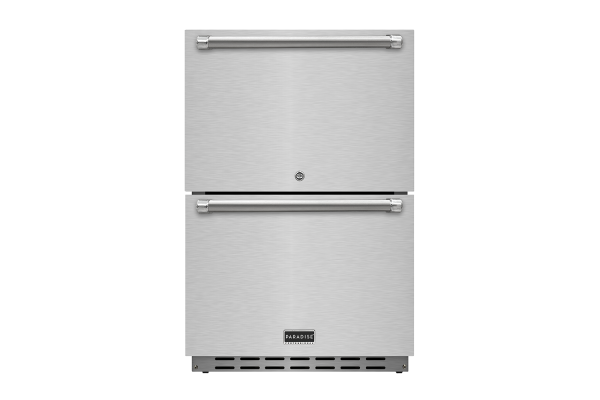 The Professional Outdoor Freezer is a stainless steel double-drawer refrigerator with horizontal handles, a logo label at the bottom, ventilation slots at the base, and a sleek, modern design.