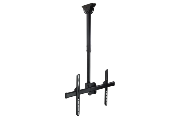 A black SINGLE MOUNT FOR 70" TV with an adjustable vertical pole and horizontal arms designed for flat-screen televisions, isolated on a white background.