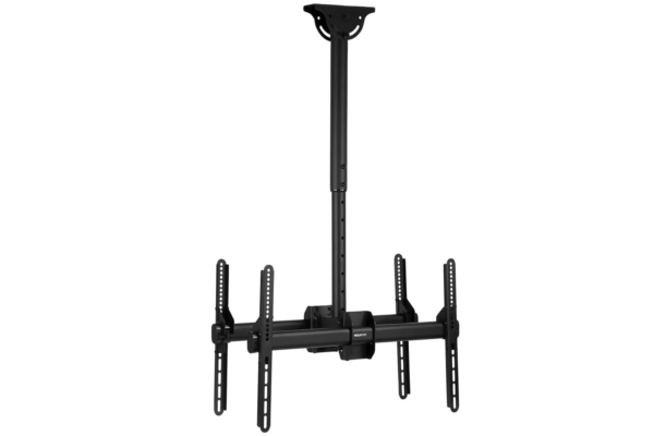 A black DOUBLE MOUNT FOR 70" TVS with extendable arms and a vertical adjustment feature, isolated on a white background.
