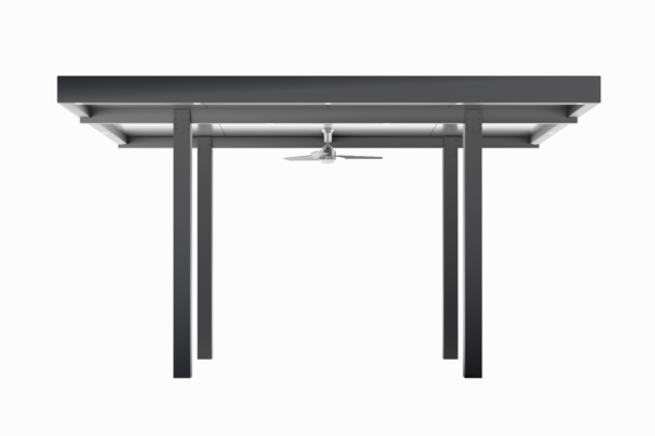 A minimalist graphic of a Monaco Pergola - 16' X 13', depicted in shades of gray on a plain white background, showing a symmetrical and sleek design.