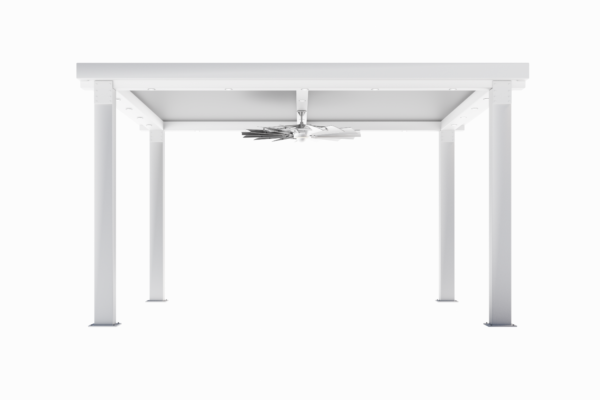 A Mykonos Pergola - 20' X 16' with a fan, viewed from the front against a white background.