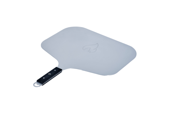 A stainless steel pizza peel with a black handle and a small logo engraved near the center, isolated on a white background.