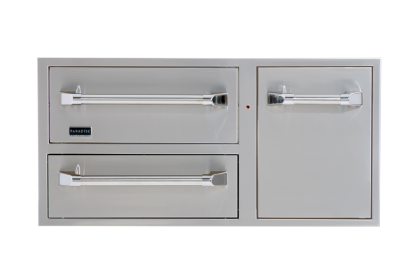 Professional Warming Drawer Combo with sleek handles isolated on a white background.