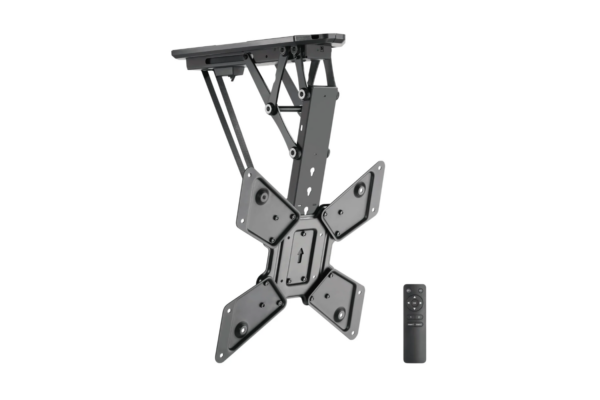 A motorized lift for a 50" TV displayed in an x-shape configuration with an accompanying remote control, all set against a plain white background.