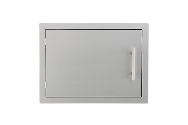 A Stainless Storage Door 17 x 24 with a handle on the right side, on a plain, light background.
