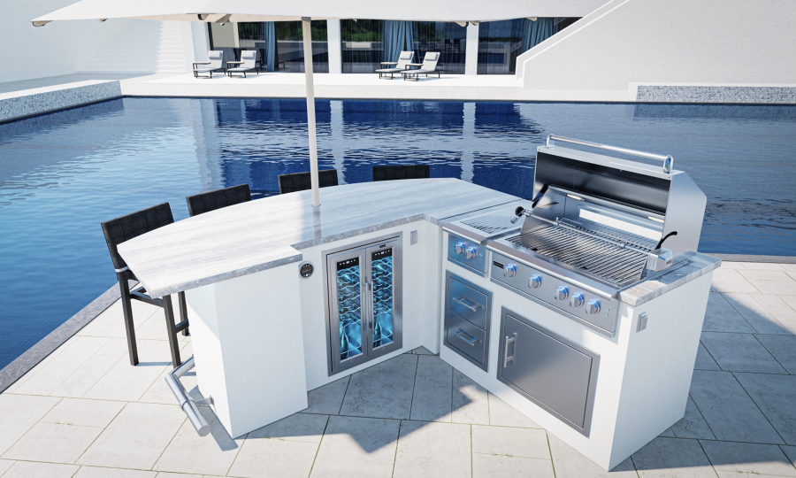 Setup your outdoor kitchen with the sleek and stylish ST. CROIX 8 + GX4, featuring a modern stainless steel grill, beverage fridge, sink, and bar area. The kitchen is enhanced with a marble countertop and offers a stunning view of the blue swimming pool with lounge chairs and an umbrella in the background. The sunlit area is beautifully tiled for a perfect outdoor experience.