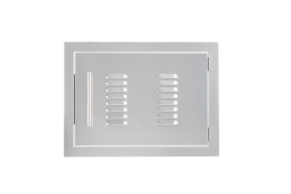 A Stainless Storage Door 13X17 with a handle and slotted openings on a plain, light background.