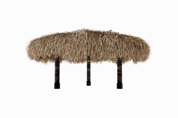 A Tahiti Pergola - with a thatched roof and three dark-colored poles for support. The poles have a decorative pattern. The background is plain and white.