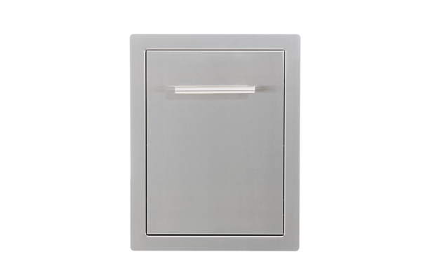 A modern, stainless steel, rectangle Trash Drawer, featuring a clean design, isolated on a white background.