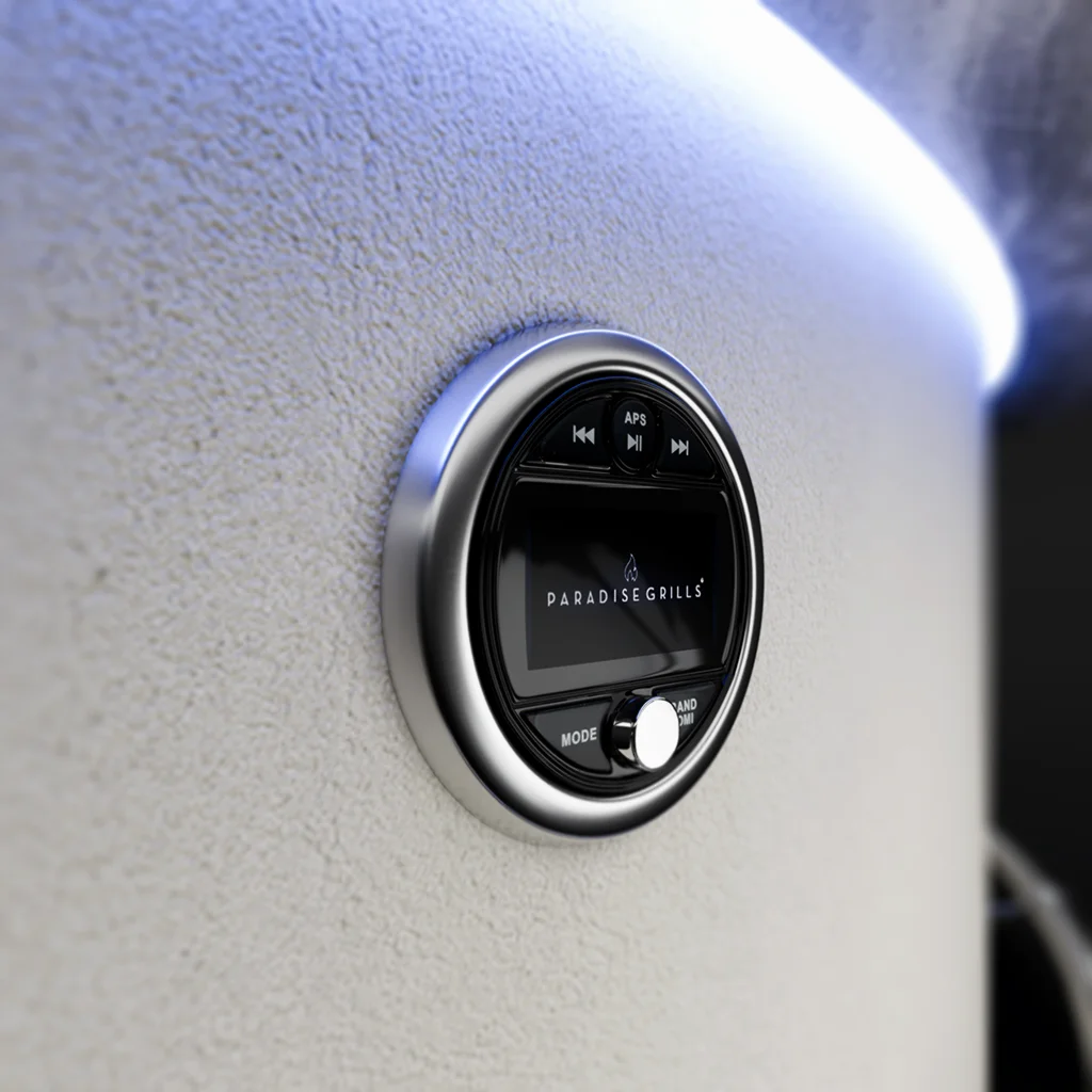 Stainless outdoor rated stereo control unit with digital display and Bluetooth connectivity