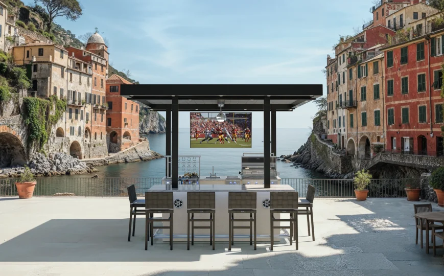 Portofino features an outdoor kitchen and bar with a TV broadcasting sports, all set on a terrace with stunning harbor views, vibrant historic buildings, and dramatic rocky cliffs beneath a clear blue sky.