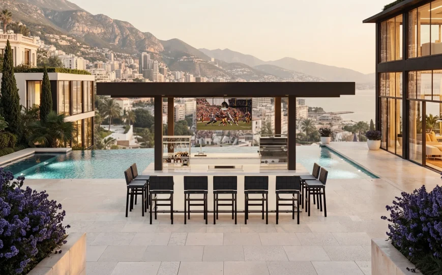 Monaco (Copy) features a luxurious outdoor bar with seating, overlooking an infinity pool and scenic city views with mountains. A large TV above the bar displays a sports game, creating an elegant and serene sunset ambiance.